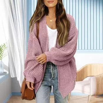 Yousheng осень зима женский однотонный кардиган свитер фонарь длинный рукав открытый спереди вязаное пальто средней длины трикотаж верхняя одежда хаки