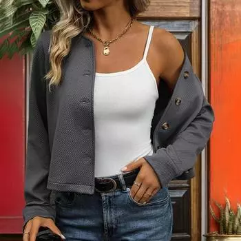 Yousheng осень-зима Женское пальто с воротником-стойкой, однобортное, однотонное, с длинными рукавами, на пуговицах, кардиган, женская повседневная куртка M темно-серого