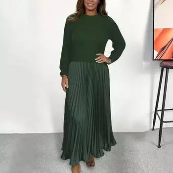 Yousheng Осень-зима Женское платье Поддельный двухсекционный трикотажный свитер Плиссированная юбка Лоскутное Длинный рукав Круглый вырез А-силуэта Макси Платье 3XL чёрный