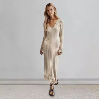 Yousheng осень-зима женское платье V-образный вырез Threa свободные длинные рукава однотонное трикотажное платье макси с тонкой талией эластичное повседневное платье для свиданий и поездок на работу S чёрный