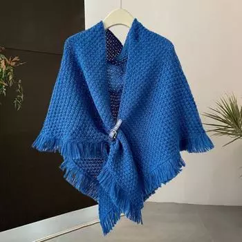 Yousheng Осенне-зимняя вязаная шаль с кисточками, однотонный треугольный шарф с пуговицами, утолщенная теплая вязаная накидка