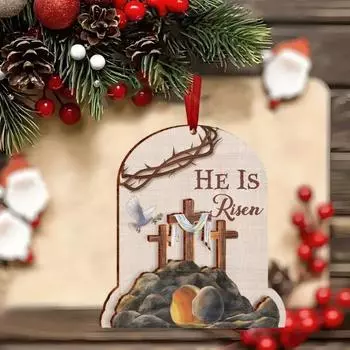 Yousheng Пасхальное деревянное украшение Он воскрес Пасхальный кулон Религиозный подвесной знак Весеннее украшение для дома Маленькое дерево Дверь Настенный декор