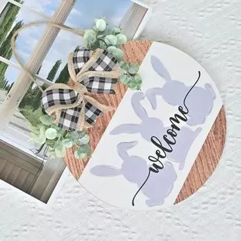 Yousheng Пасхальный дверной приветственный знак, деревенский деревянный дверной знак в виде кролика, висящий круглый приветственный знак для домашнего пасхального декора входной двери 30*30cm белый
