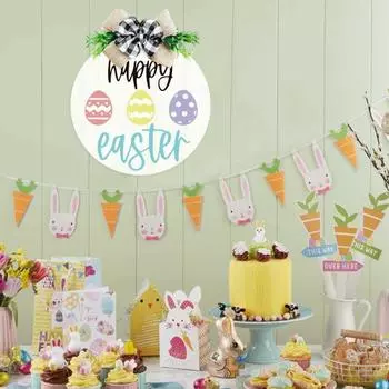 Yousheng Пасхальный приветственный знак, деревянный подвесной дверной знак, цветное яйцо с кроликом, приветственный знак для входной двери, гостиной, камина, офиса 30*30cm