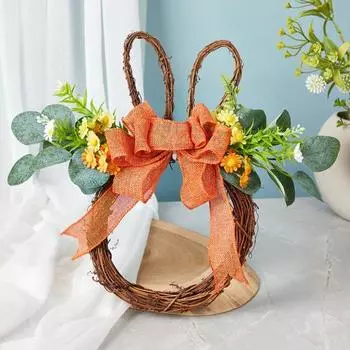 Yousheng Пасхальный венок в виде кролика из ротанга, плетеный венок в форме кролика, подвесной венок с бантом, искусственная зелень для декора каминной доски, стены, окна розовый