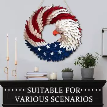 Yousheng Patriotic Eagle Wreath 4th of July Wooden Decoration Indoor Outdoor Front Door Wall Hanging Independence Day Memorial Day Door Sign Pendant 20cm