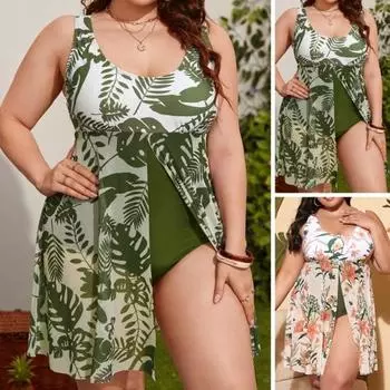 Yousheng Плюс Размер Женское Лето Монокини с U-образным вырезом без рукавов Растительный принт с разрезом подол Цельный купальник с контролем живота Купальный костюм Быстросохнущая пляжная одежда
