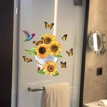 Yousheng Подсолнух Бабочка Наклейка для унитаза Съемная самоклеящаяся водонепроницаемая ПВХ Гостиная Ванная комната Настенная декоративная цветочная наклейка для крышки унитаза Little Flower