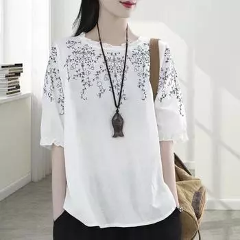 Yousheng Повседневная футболка с круглым вырезом и кружевной строчкой-фонариком с короткими рукавами, свободная футболка, пуловер с вышивкой и цветочным узором, топы