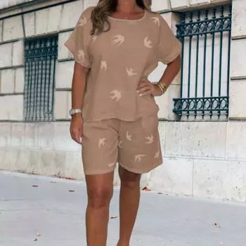 Yousheng повседневный комплект из двух частей для женщин, хлопковый лен, O-образный вырез, короткие рукава, топ и шорты, комплект свободной домашней одежды, подходящий костюм на весну и лето M