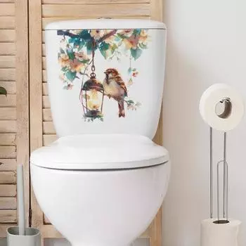 Yousheng Птица Фонарь Цветок Наклейка на унитаз Съемная самоклеящаяся Водонепроницаемая ПВХ Гостиная Стена Искусство Ванная комната Крышка унитаза Украшение Наклейка розовый
