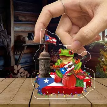 Yousheng Пуэрто-Рико Рождественский кулон Плоский акриловый орнамент Пуэрто-Рико Флаг Лягушка Подвесной орнамент Домашний декор Подарки на новоселье A