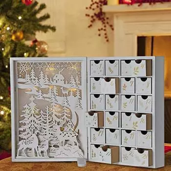 Yousheng Пустой Адвент-календарь Деревянный Адвент-календарь Дом с 24 пустыми ящиками Светодиодная подсветка Настольный календарь обратного отсчета для домашнего декора до Рождества A