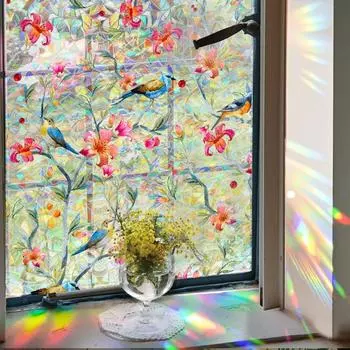 Yousheng радужная оконная пленка с зеленым листом и цветочным узором, неклеящаяся стеклянная наклейка, многоразовая пленка для приватности для гостиной, спальни, ванной комнаты