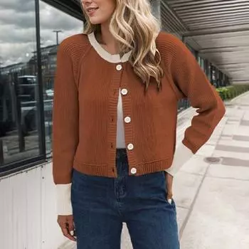 Yousheng Ribbed Sweater Coat Women Color Block Knitted Cardigan Sweater Button-Up Round Neck Long Sleeve Casual Knitting Tops S серый