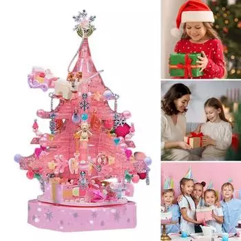 Yousheng Рождественская елка Строительный набор блоков Праздничное настольное украшение на елку Музыкальная шкатулка Светящаяся елка Строительные блоки игрушка для взрослых детей розовый