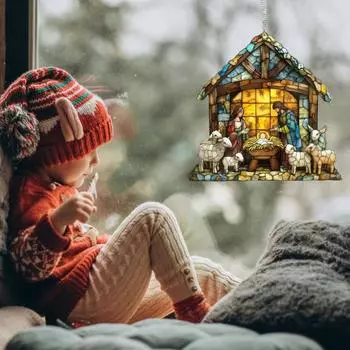 Yousheng Рождественская сцена Ловец Солнца Витражный Акриловый Ловец Солнца Окно Подвесное Рождественское Украшение для Домашнего Рождественского Декора Христианский Подарок S