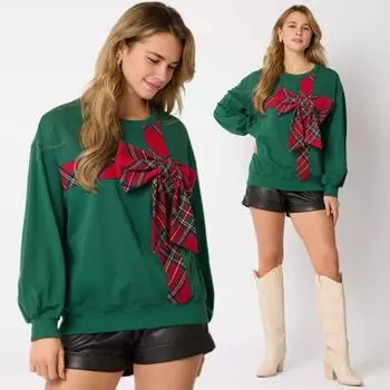 Yousheng Рождественская толстовка с капюшоном для женщин с круглым вырезом и длинным рукавом, клетчатый принт, декор в виде банта, спортивные топы свободного кроя, повседневные пуловеры M красный