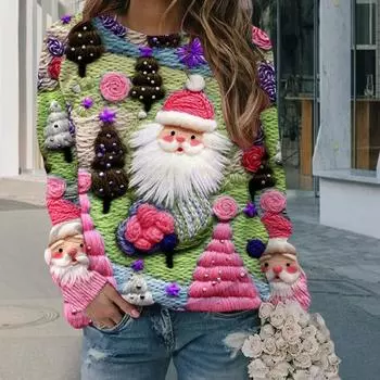 Yousheng Рождественская толстовка Женская 3D Рождественская елка Дом Принт Круглый вырез Длинные рукава Топы Легкий праздничный пуловер Топы S B