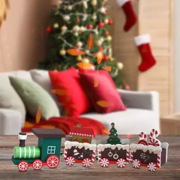 Yousheng Рождественский деревянный набор для декора поезда DIY Мини Рождественская елка Домик Фигурки оленей Набор поездов 4-секционный игрушечный поезд для украшения дома красный