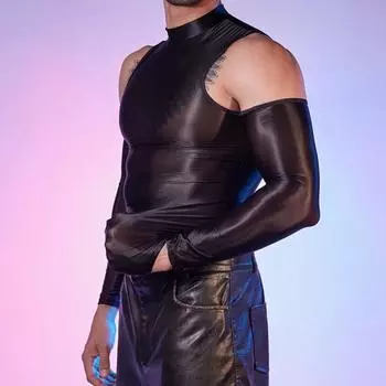 Yousheng сексуальная мужская глянцевая блестящая футболка гладкий дышащий топ высокоэластичный прозрачный прозрачный обтягивающий топ для ночного клуба