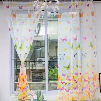 Yousheng Sheer Curtain Elastic Voile Semi Polyester Butflies Pattern Window Curtain for Home фиолетовый