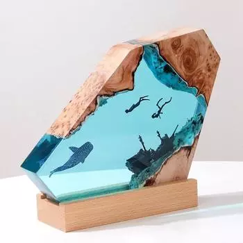 Yousheng смоляная деревянная настольная лампа с питанием от USB, ручная работа, глубоководная пещера дайвера, кораблекрушение, акула, кит, океанское искусство, настольная лампа, статуэтка, украшение для дома и офиса