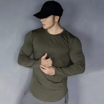 Yousheng Spring Autumn Men Top Round Neck Slim Fit Stretchy Mid Length Tee Long Sleeves Pullover Sweatshirt for Home Sports Gym Street Wear M чёрный