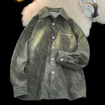 Yousheng Spring Fall Men Shirt Retro American Style Corduroy Embroidery Japanese Style Loose Single-breasted Long Sleeves Mid Length Lapel Top M чёрный