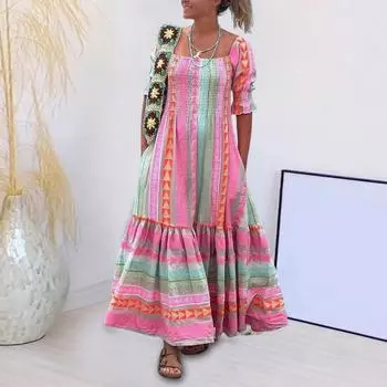 Yousheng Spring Summer Women Dress Square Neck Geometric Print Bohemian Style Pleated Patchwork Half Sleeves Vacation Beach Maxi Dress XL розовый