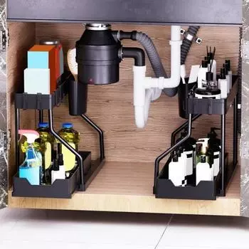Yousheng Стеллаж для хранения под раковиной с крючками, двухслойный L-образный выдвижной органайзер большой емкости для ванной комнаты под стойкой, полка для хранения чёрный