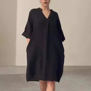 Yousheng Summer Women Dress V Neck Ninth Sleeve A-line Loose Pure Color with Side Pockets Knee Length Pullover Casual Midi Dress L чёрный