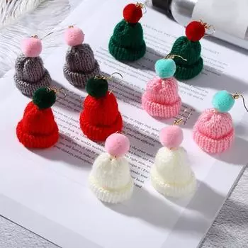 Yousheng Sweet Women Pompom Beanie Hat Dangle Clip Hook Earrings Christmas Jewelry Gift Earring красный