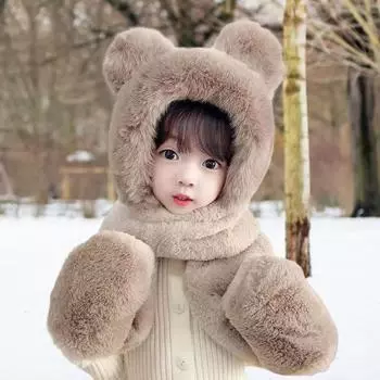 Yousheng три в одном зимняя теплая шапка с шарфом перчатки супер мягкая ветрозащитная плюшевая шапка с медвежьими ушками шарф детские зимние аксессуары хаки
