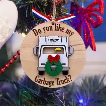 Yousheng Trump Garbage Truck Ornament 2024 Wooden Xmas Tree Hanging Pendant for Christmas Home Party Decoration A
