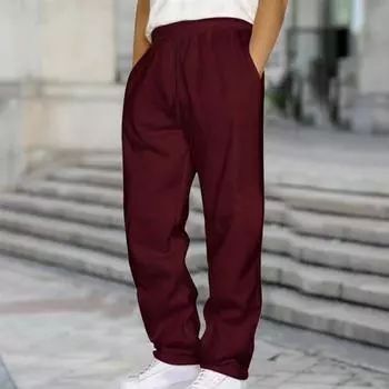 Yousheng Unisex Spring Fall Pants with Side Pockets Elastic Waist Straight Wide Leg Sweatpants Slacks Solid Color Loose Street Style Sport Trousers S