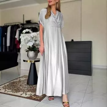 Yousheng Весеннее женское платье V-образный вырез короткий рукав свободное А-силуэт однотонное платье макси длиной до щиколотки плиссированное платье для выпускного вечера вечеринки свидания L белый