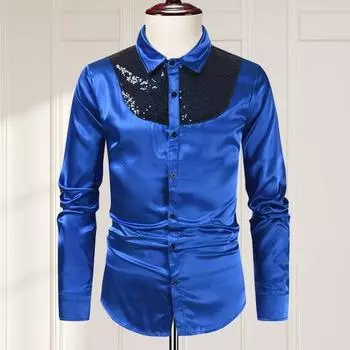 Yousheng Весна Осень Мужская Рубашка Блестящая Гладкая Поверхность Однобортный Лоскутный Кардиган Отложной Воротник Длинные Рукава Косплей Клуб Танцевальная Вечеринка Топ M жёлтый