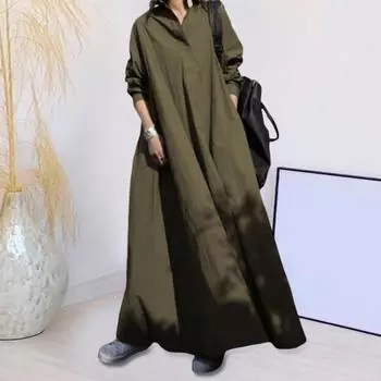 Yousheng Весна Осень Женское Платье Винтаж Этнический Стиль Свободный А-силуэт Большой Подол Отложной Воротник Длина До Щиколотки Длинные Рукава Женское Макси Платье XXXL чёрный