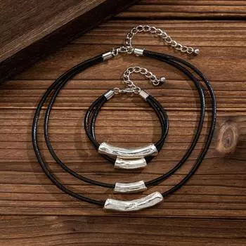 Yousheng Vintage Faux Leather Choker с металлическими бусинами, многослойное геометрическое цилиндрическое ожерелье из сплава для женщин и мужчин, повседневная одежда, подарок A