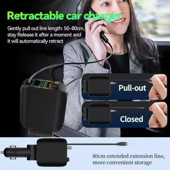 Yousheng Выдвижное автомобильное зарядное устройство 120 Вт 4-портовый USB C Автомобильное зарядное устройство Адаптер для iPhone Многофункциональное автомобильное зарядное устройство Автомобильное зарядное устройство для Android чёрный