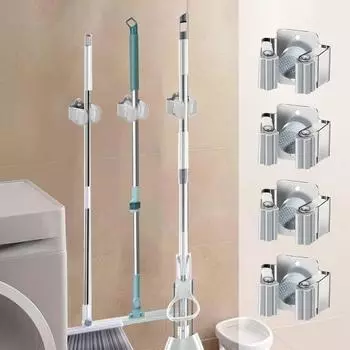 Yousheng Wall Mount Broom Holder Non-Slip Design Simple Installation Stainless Steel Heavy Duty Mop Holder Broom Hanger with Screws 4pcs серый