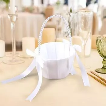 Yousheng Wedding Flower Girl Basket Satin Bowknot White Basket with Faux Pearl Handle Hand Held Wedding Basket for Ceremony Party Decor белый