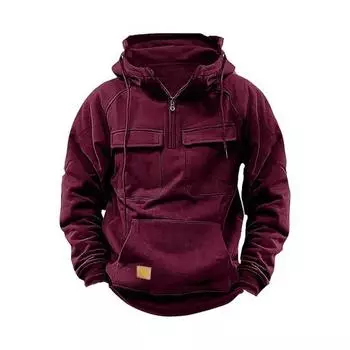 Yousheng весна-осень мужская толстовка с капюшоном в стиле карго с завязками на шнурке, большим накладным карманом, полумолнией, длинными рукавами, однотонная повседневная спортивная одежда L темно-синий