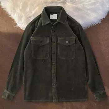 Yousheng весна-осень мужской карго клетчатый принт однобортный с длинными рукавами вельветовый ретро японский стиль с нагрудными карманами свободный кардиган средней длины M коричневый