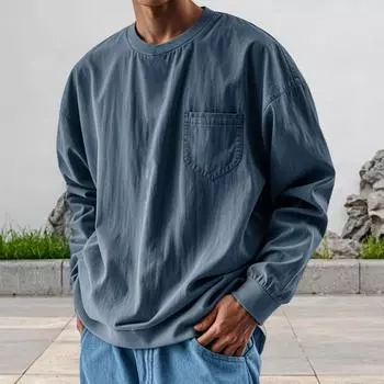 Yousheng весна-осень мужской топ с нагрудным карманом круглый вырез длинный рукав эластичные манжеты футболка однотонный свободный свитшот для повседневной носки спорт S темно-синий