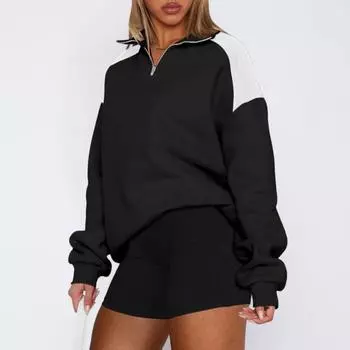 Yousheng весна-осень женская толстовка с отложным воротником и длинными рукавами, свободная молния до середины бедра, контрастный цвет, уличный стиль, средняя длина, топ XL