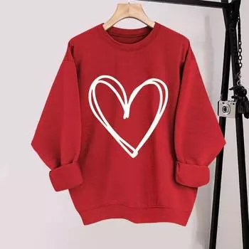 Yousheng весна осень женская толстовка с принтом сердца чистый цвет круглый вырез свободный длинный рукав пуловер топ ко Дню Святого Валентина S красный