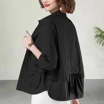 Yousheng весна-осень женское пальто тонкое однобортное свободное однотонное длинное рукава кардиган повседневная повседневная рубашка офисная куртка M