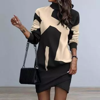 Yousheng весна-осень женское платье с высоким воротником и неровным подолом леопардовый принт пэчворк длинные рукава свободное мини-платье для свиданий и поездок на работу XL чёрный